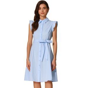 Shirt Dress Ruffled Sleeve Belted Cotton Button Down Midi Dress Light Blue